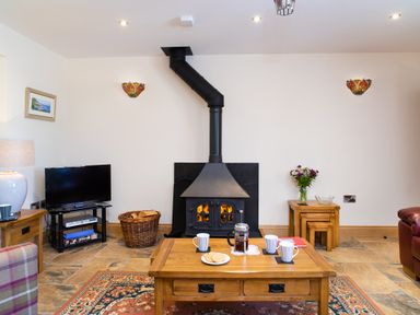A living room with a wood burning stove and coffee table with cups and cookies at Teifi Cottage in Cardigan Near Cenarth