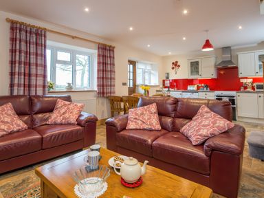 A living room with leather sofas and patterned cushions with a wooden coffee table and teapot in an open kitchen space at Teifi Cottage in Cardigan Near Cenarth