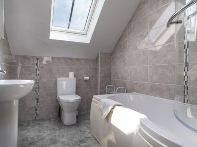 A bathroom with a toilet sink bathtub and a skylight at Teifi Cottage Cardigan Near Cenarth