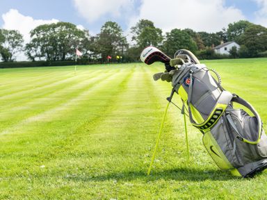 A golf bag with clubs standing on grass near flags on a golf course at Teifi Cottage in Cardigan Near Cenarth