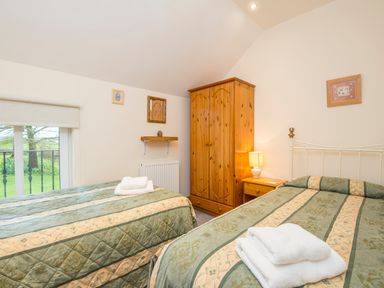 A bedroom with two beds a wooden wardrobe bedside table with lamp and a window showing green outdoors at Towy Cottage in Cardigan Near Cenarth