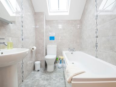 A bathroom with a bathtub a toilet and a sink under skylights at Towy Cottage Cardigan Near Cenarth