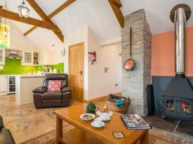 A living room with a fireplace a coffee table and a leather armchair at Gwaun Cottage Cardigan Near Cenarth