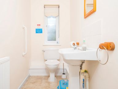 A bathroom with a toilet sink and window including a handrail and a mirror at Cothi Cottage Cardigan Near Cenarth