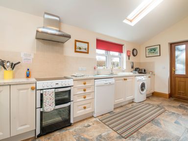 A kitchen with white cabinets double oven dishwasher washing machine striped rug and wooden door at Hirwaun Cottage in Cardigan Near Cenarth