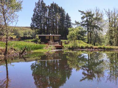 A small cabin with a deck and outdoor furniture near a pond surrounded by trees and vegetation at Celyn in Bontddu near Dolgellau