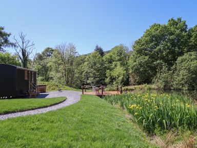 A grassy garden with a gravel path leading to a wooden deck with chairs and yellow flowers near trees at Celyn in Bontddu near Dolgellau
