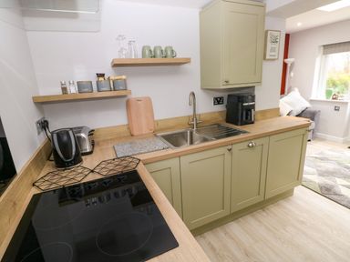 A kitchen with olive green cabinets wooden countertops a sink and open shelves with cups and containers at Orchard View in Pembroke
