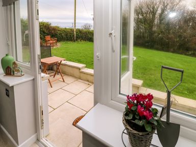 A view of a garden with green grass and trees seen through an open door and windows with a flower pot and small garden tools on the windowsill at Orchard View in Pembroke