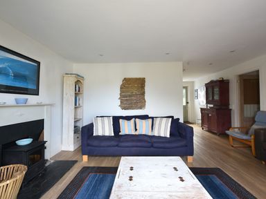 A living room with a blue sofa and striped cushions a wooden coffee table a black stove a bookshelf and a wooden cabinet at Northern Lights in Polzeath