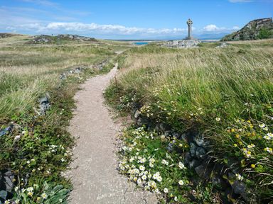 A dirt path through grassy fields with wildflowers and a stone cross monument in the background at Cwrt in Dwyran near Niwbwrch Newborough