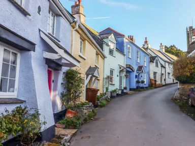 A street with colorful houses and plants along the sidewalk at Alpha Cottage in Dittisham near Dartmouth
