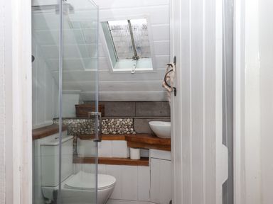 A small bathroom with a toilet shower glass door round sink wooden countertop and skylight at Alpha Cottage in Dittisham near Dartmouth