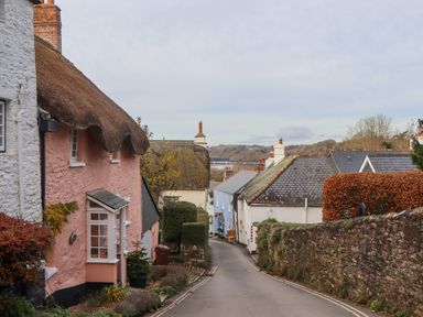 A narrow street lined with cottages and houses with thatched and tiled roofs in a village with hills in the background at Alpha Cottage in Dittisham near Dartmouth
