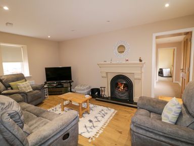 A living room with armchairs a wooden coffee table a fireplace and a television at Dock at Dominic's Ballyheerin near Downings