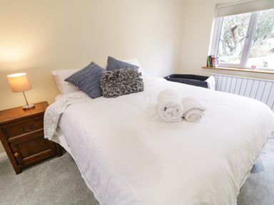 A bedroom with a bed covered with white sheets and pillows next to a wooden nightstand with a lamp and a window with books on the sill at Dock at Dominic's in Ballyheerin near Downings