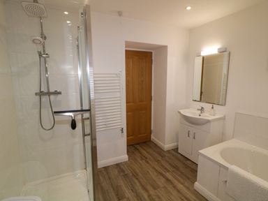 A bathroom with a shower, towel radiator, sink with mirror, wooden door, bathtub, and wooden floor at Dock at Dominic's Ballyheerin near Downings
