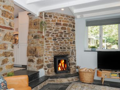 A living room with a stone fireplace a wood-burning stove a TV on a wooden stand and a basket of firewood at Rose Cottage in Callington