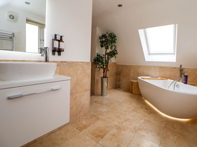 A bathroom with a white sink and cabinet a freestanding bathtub a skylight window and a potted plant at Buzzards View in Dyserth