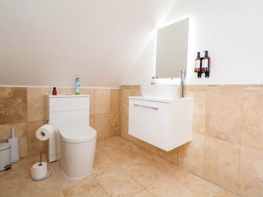 A bathroom with a toilet a sink a mirror and toiletry bottles at Buzzards View in Dyserth