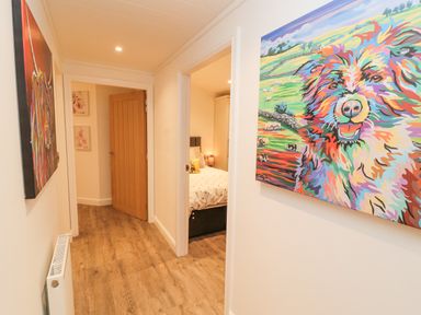 A hallway with wood flooring and colorful animal paintings on the walls at 12A Lake Escape in Carnforth