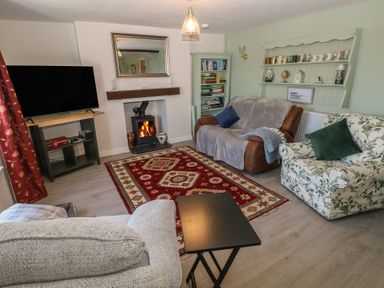 A living room with a fireplace a red patterned rug and sofas at Chapel Hill House Chapel Hill near Pembroke