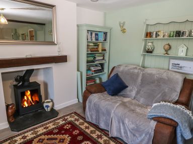 A living room with a burning fireplace a bookshelf a brown and gray sofa and a shelf with mugs and decorative items at Chapel Hill House in Chapel Hill near Pembroke
