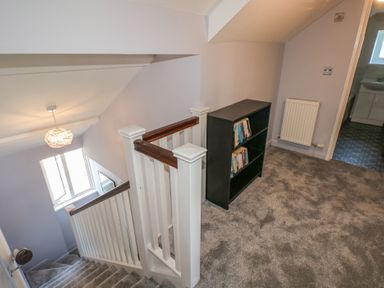 A carpeted upstairs landing with a black bookshelf containing books and a staircase with white and wooden railing at Chapel Hill House in Chapel Hill near Pembroke