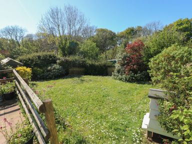 A garden area with grass and flowers surrounded by bushes and trees at Chapel Hill House Chapel Hill near Pembroke