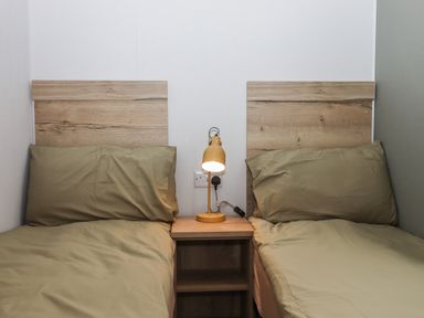 A bedroom with two single beds with olive green bedding and a wooden headboard and a bedside table with a yellow lamp at 5 Manor Park in Bucks Cross Bideford