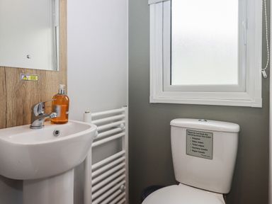 A bathroom with a sink and bottle of soap a wall-mounted radiator a toilet under a frosted window at 5 Manor Park Bucks Cross Bideford