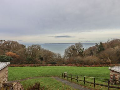 A grassy yard with trees in the background and a view of the sea at 5 Manor Park in Bucks Cross Bideford