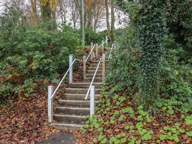 An outdoor stone staircase with metal railings surrounded by dense green foliage and fallen leaves at 5 Manor Park in Bucks Cross Bideford