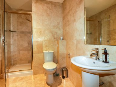 A bathroom with a toilet sink mirror and shower enclosure at Blue Horizon in Port Isaac