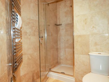 A bathroom with a shower enclosure and a toilet at Blue Horizon in Port Isaac