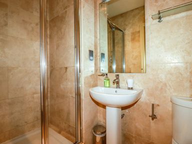 A bathroom with a glass shower enclosure a pedestal sink with soap and cup and a toilet at Blue Horizon in Port Isaac