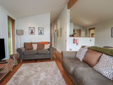 A living room with two sofas a floor lamp and framed pictures on the wall at 3 Hedgerows in Lanreath