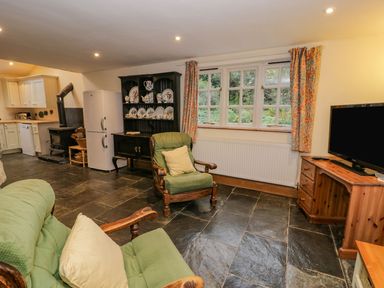 A living room with green armchairs a wooden cabinet with china dishes a television on a wooden stand and a kitchen area at Ysgubor in Dinas Mawddwy near Dolgellau