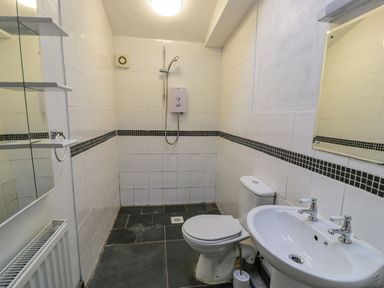 A bathroom with a toilet sink mirror shower and tiled walls at Ysgubor in Dinas Mawddwy near Dolgellau