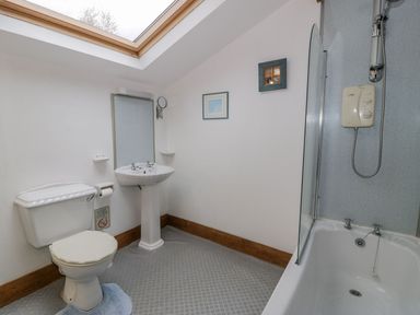 A bathroom with a toilet, pedestal sink, bathtub with shower, and skylight at Ysgubor in Dinas Mawddwy near Dolgellau