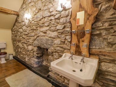 A bathroom with a stone wall a pedestal sink a mirror and a toilet at Ysgubor in Dinas Mawddwy near Dolgellau