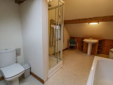 A bathroom with a toilet shower enclosure bathtub sink and chair at Ysgubor in Dinas Mawddwy near Dolgellau