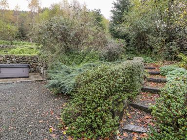 An outdoor area with stone steps surrounded by bushes and trees next to a hot tub at Ysgubor in Dinas Mawddwy near Dolgellau