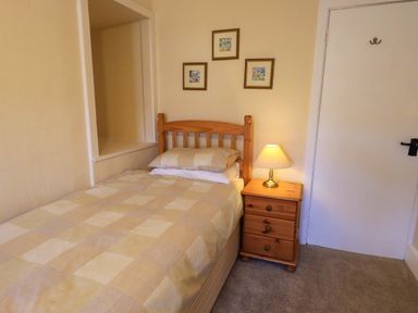 A single bed with checkered bedding next to a wooden nightstand with a lamp in a bedroom at Lakeland View Lodge in Keswick