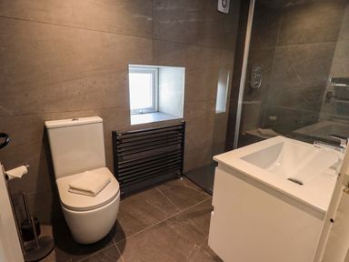 A bathroom with a toilet a sink and a shower area at Lakeland View Lodge in Keswick
