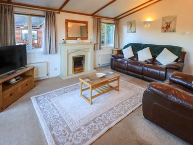 A living room with leather sofas a fireplace a coffee table and a television at Lavender Lodge South Lakeland Leisure Village