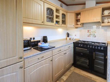 A kitchen with wooden cabinets a black stove a toaster a kettle and countertop containers at Lavender Lodge South Lakeland Leisure Village