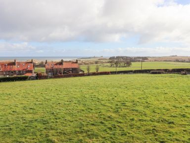 A grassy field with houses with red roofs and the ocean in the background at Waters Edge in Embleton