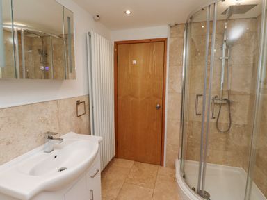A bathroom with a white sink vanity a curved glass shower enclosure a wooden door and a vertical radiator at Dunstanburgh View in Embleton
