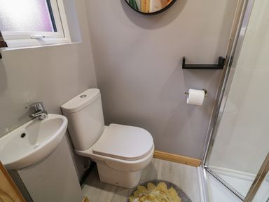 A small bathroom with a toilet sink and shower at The Hideaway in Dungiven Londonderry